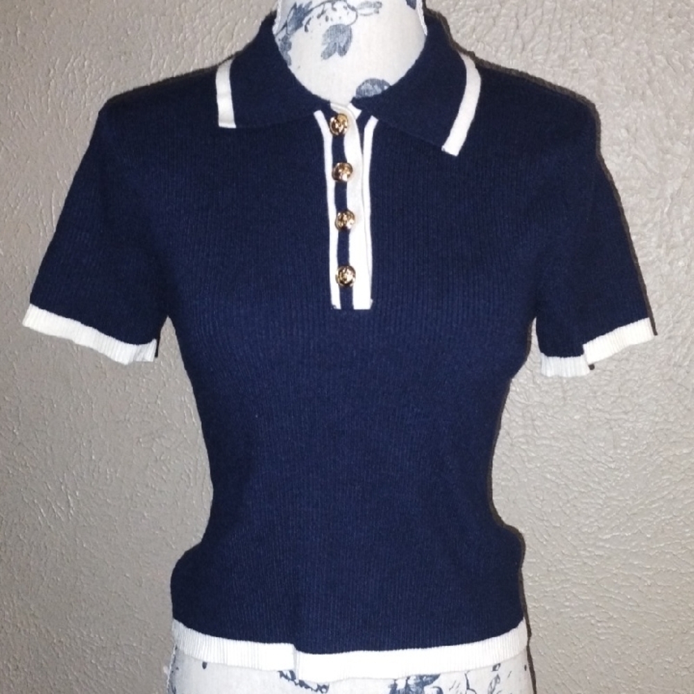 Navy Blue Polo Collar Women's Top